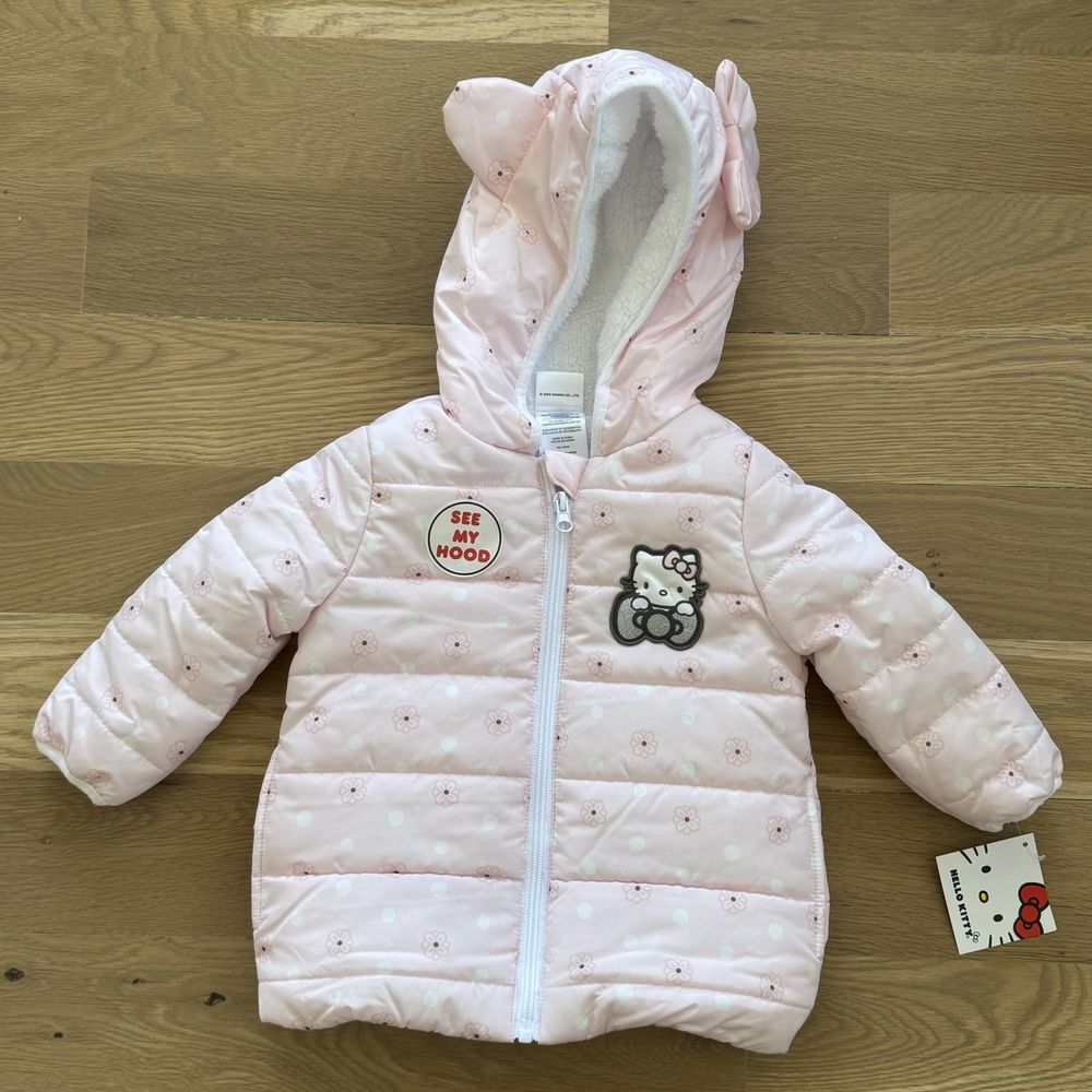 Hello Kitty 2T Girls Warm Fleece‎ Lined Hooded Puffer Winter Jacket Pink White